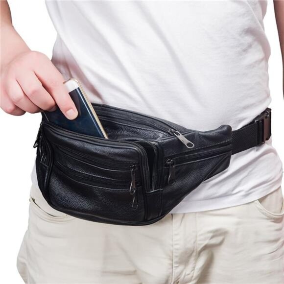 Leather Fanny Pack Travel Waist Bag 7 Pockets Waist Pack.Suitable for Outdoor - Picture 1 of 7